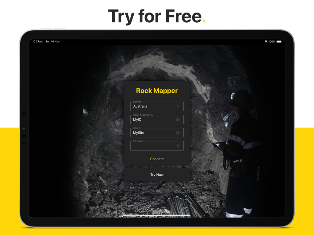 Rock Mapper - Rock Mapper iPad login screen featuring fields for server and site ID over a background image of an underground mine