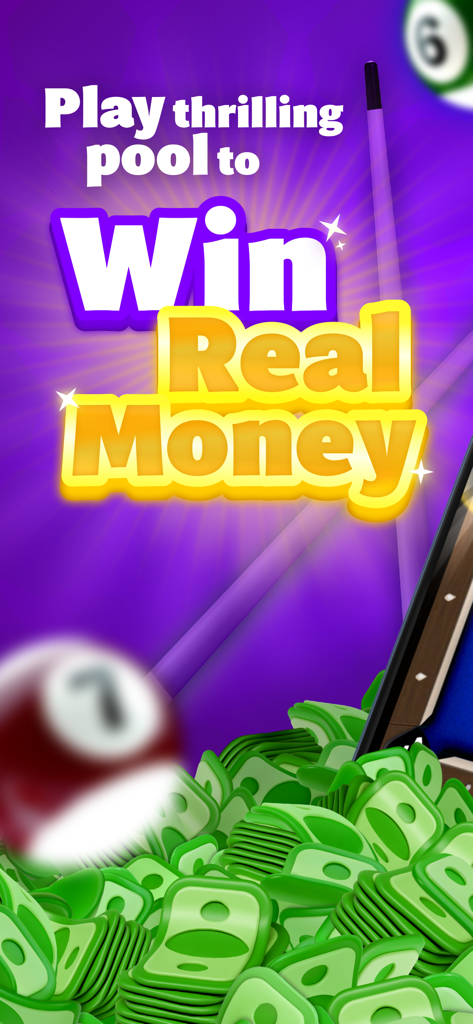 Billiard balls and pool cue over piles of green money with text saying play thrilling pool to win real money