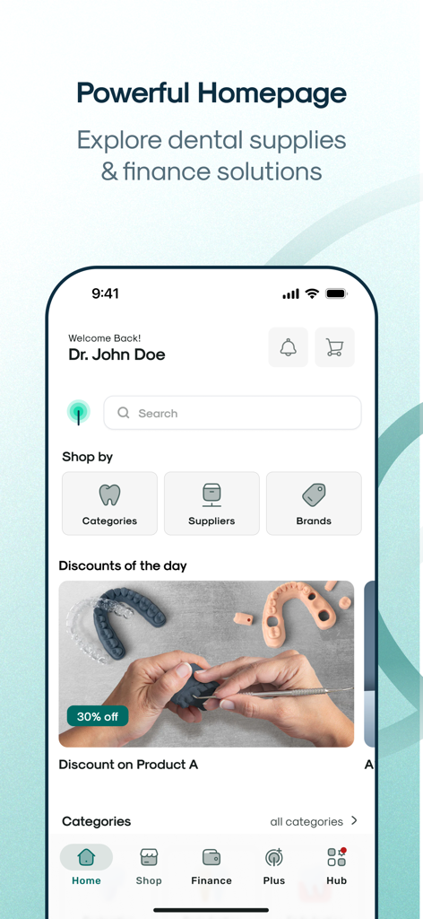 Homepage dell'app Toothpick Healthcare che mostra il marketplace delle forniture dentali e le opzioni di finanziamento