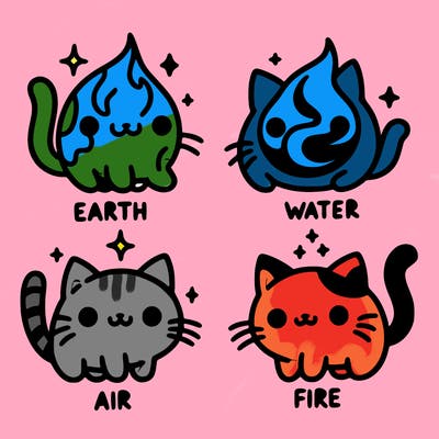 4 cats that represent the different elements, earth, water, air, and fire
