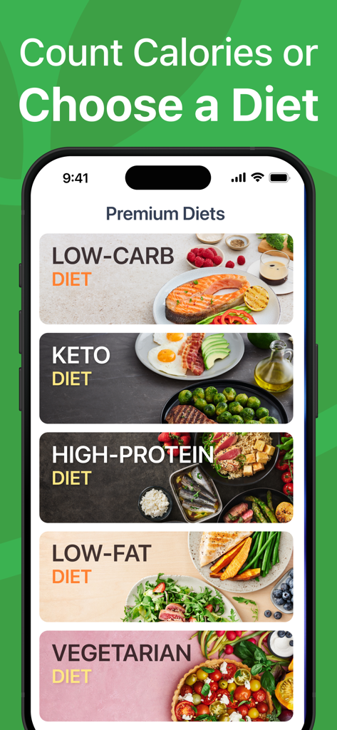 Smartphone screen displaying MyNetDiary premium diet choices including Keto and Low-Carb