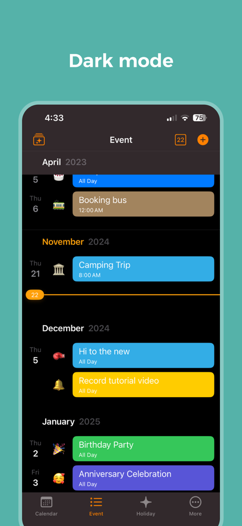 Thai Calendar (2443 to 2643) - Thai Calendar app showing a list of scheduled events in dark mode