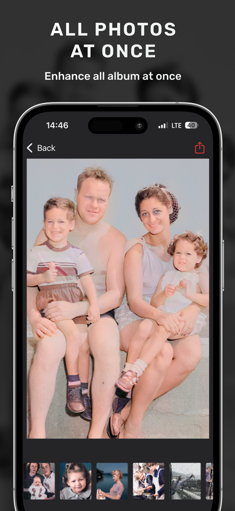 Photo Scan & Colorize - Raven - iPhone screen displaying the Raven app colorizing a vintage family photo