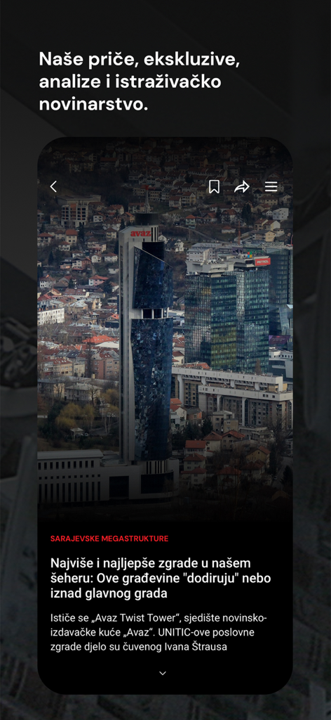 App di notizie Avaz che mostra un articolo sui grattacieli di Sarajevo