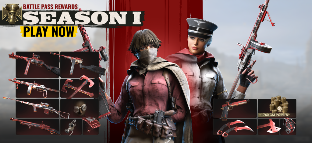 World War Legion: WW2 FPS PvP - World War Legion Season 1 Battle Pass rewards including characters and weapon skins