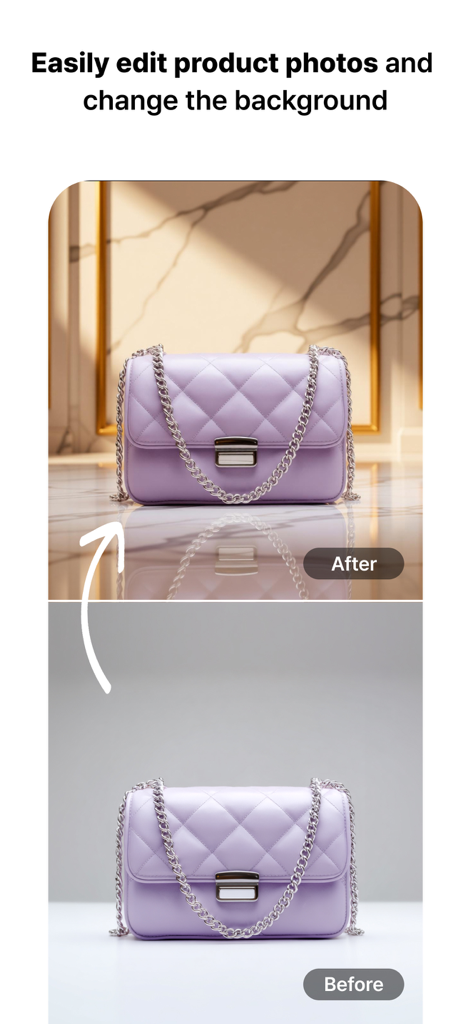 MeeAww - AI Photo Editor - Before and after comparison of a purple handbag showing a background change using AI