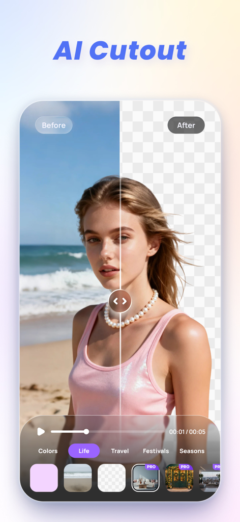 VikPea - AI Video Enhancer - Une comparaison en écran partagé démontrant l'outil IA Cutout supprimant un arrière-plan de plage d'une vidéo d'une femme.