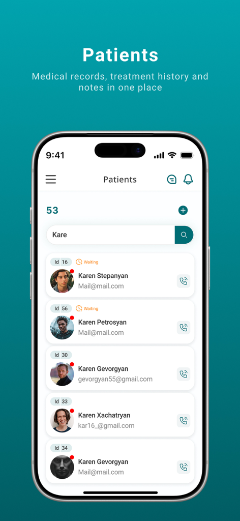 Dentax Soft - Dentax Soft app interface displaying a digital patient list with medical records and treatment history on an iPhone.