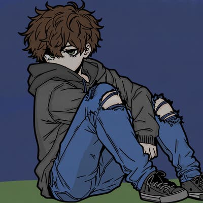 a male hoddie ripped jeans messy hair anime