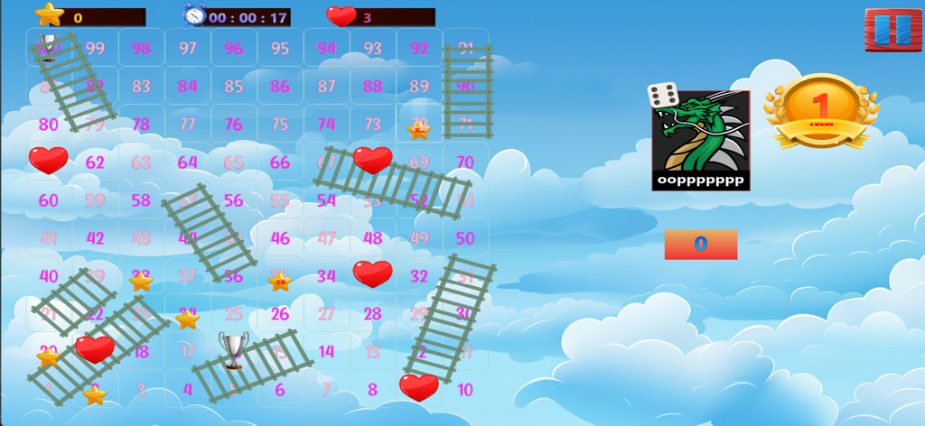Gameplay screenshot of Snake and Ladder Online featuring a custom sky theme with ladders hearts and a dragon player icon