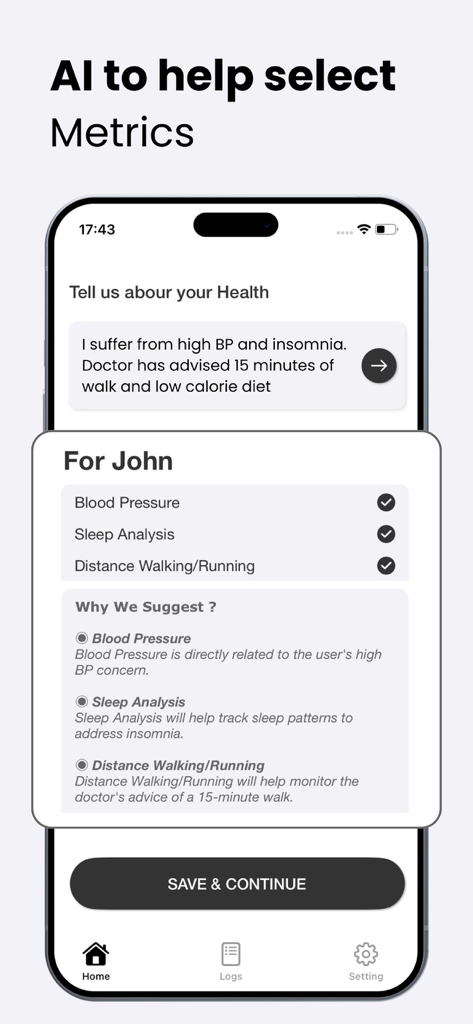 Health App AI - Interfaz de Health App AI mostrando recomendaciones de métricas de salud personalizadas basadas en la entrada del usuario para la presión arterial y el insomnio