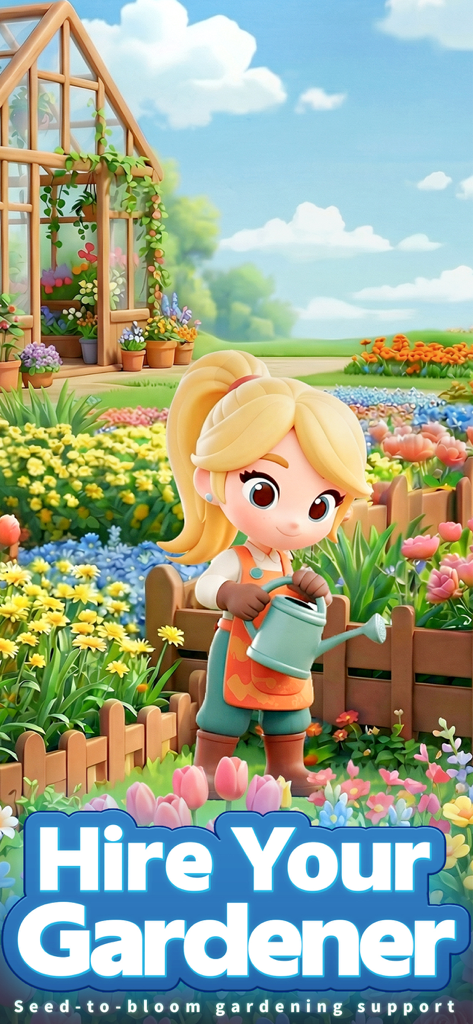 The Cozy Florist - Un lindo personaje de jardinero de dibujos animados regando flores vibrantes en un jardín exuberante junto a un invernadero de madera.