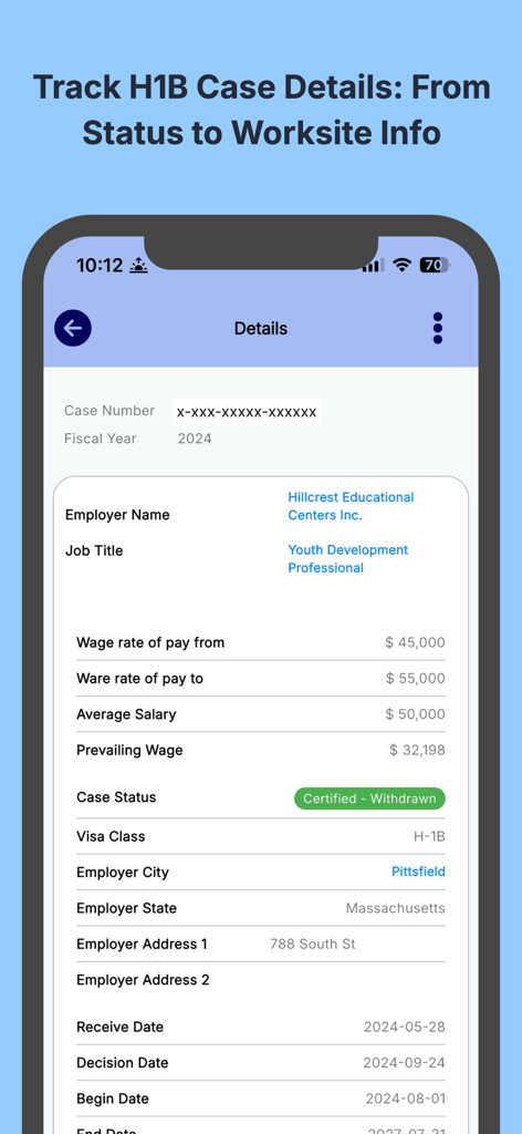 H1B Visa Sponsorship Jobs USA - A mobile screen showing detailed information about an H1B visa case including employer name job title salary and status
