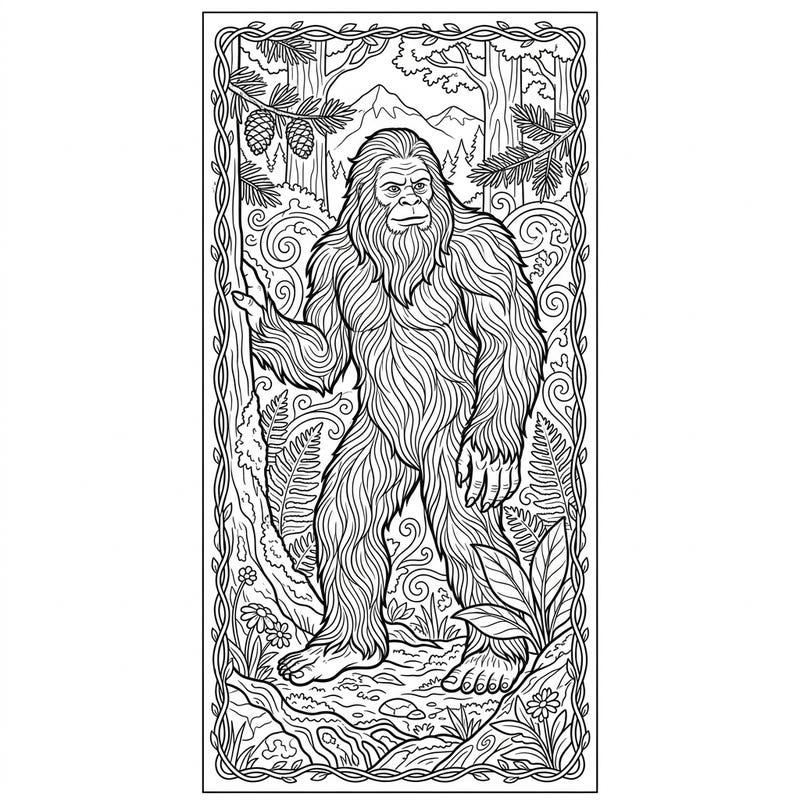 Discover the legendary Bigfoot in this detailed coloring bookmark, set against a mysterious forest backdrop. Perfect for cryptid enthusiasts and adult colorists, this template offers an engaging artistic escape.