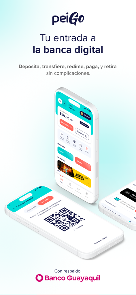 PeiGo - PeiGo digital banking app interface with dashboard and QR code on iPhone screens