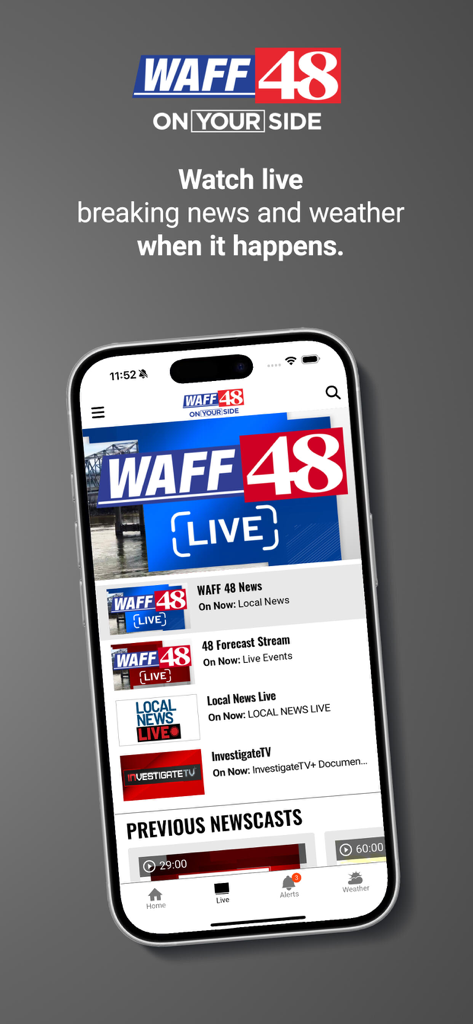 WAFF48 News - A smartphone showing the WAFF 48 News app live streaming interface with local news and weather forecast options.