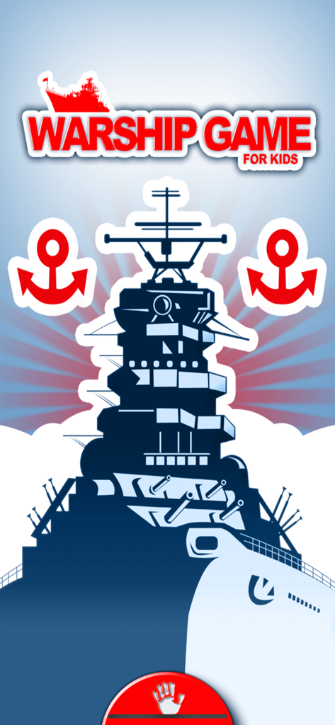 Warship Game for Kids - Pantalla de título del Juego de Batalla Naval para Niños que muestra un gran acorazado azul y dos anclas rojas
