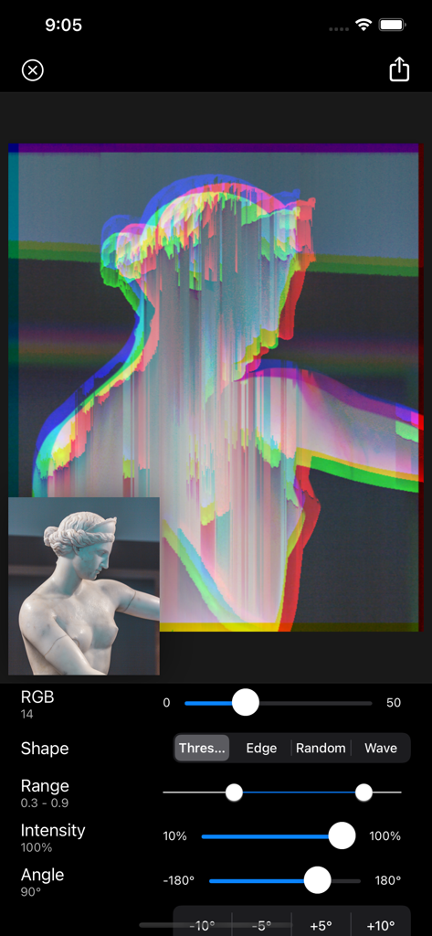 Glitch Fx - Pixel Sorting - Interfaz de la aplicación Glitch Fx mostrando clasificación de píxeles y desplazamiento de color RGB aplicados a una estatua clásica.