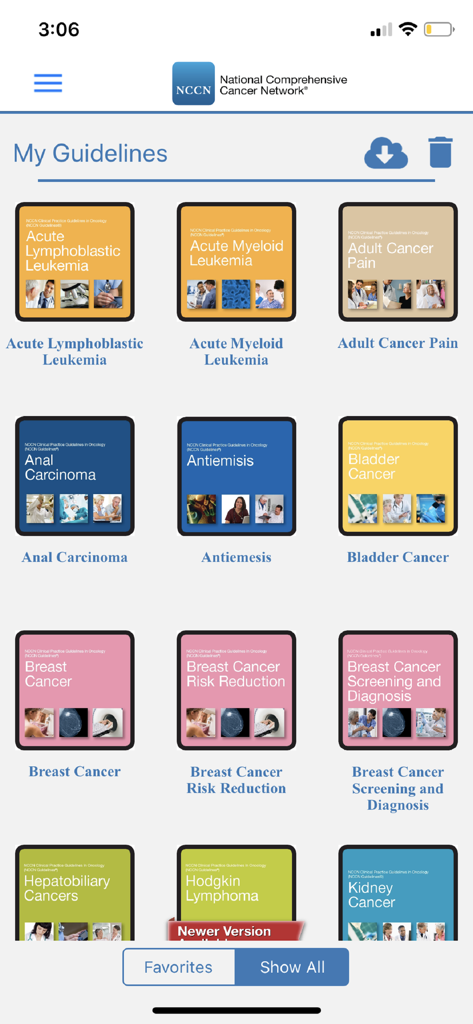 NCCN Guidelines® - The My Guidelines screen of the NCCN Guidelines app featuring various oncology clinical protocols
