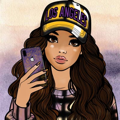 realistic beautiful girl wearing los ángeles cap holding an iphone