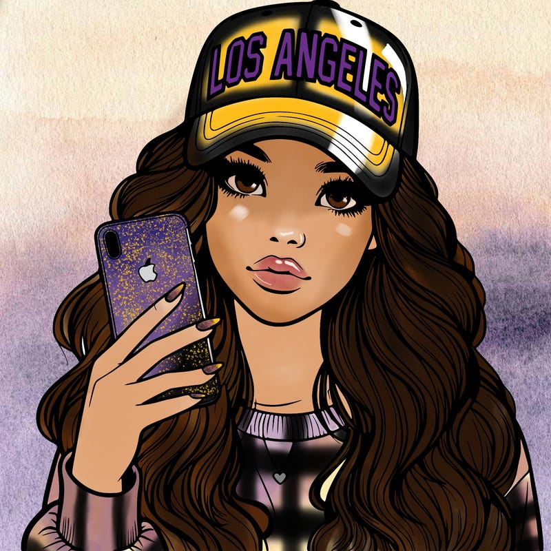 realistic beautiful girl wearing los ángeles cap holding an iphone