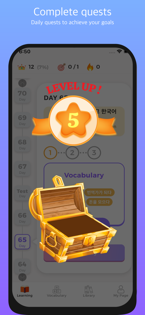 Lingory - Lingory app level up screen with a gold star and treasure chest rewards for completing daily Korean quests.