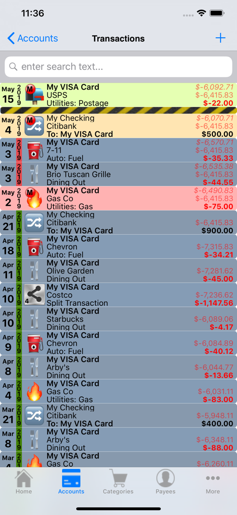 MoneyBelt - 最近の財務取引と口座残高の詳細な台帳を表示したMoneyBeltモバイルアプリ