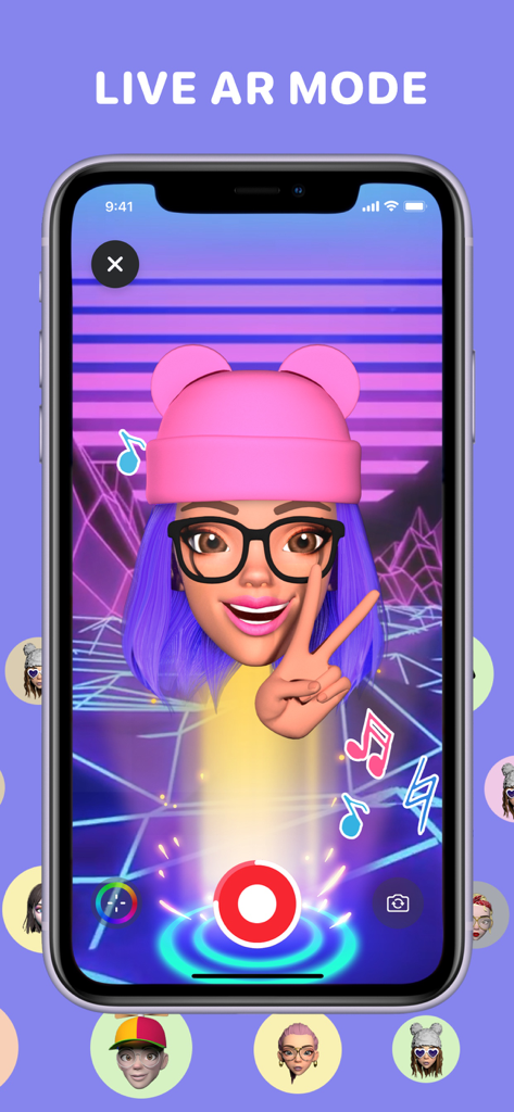 Moji Edit app showing Live AR mode with a custom 3D avatar making a peace sign