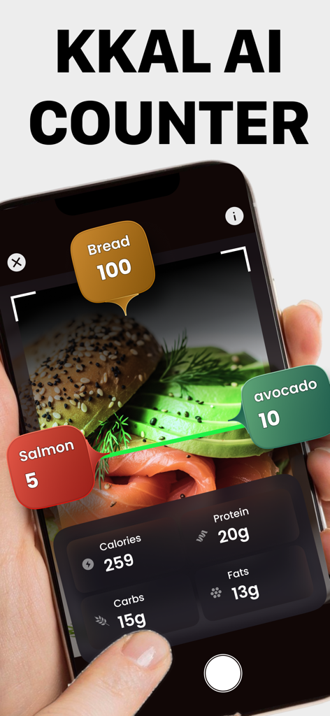 KKAL AI - Calorie Counter - Pantalla de un smartphone mostrando el reconocimiento de alimentos por IA de una comida con desglose de calorías y macros.