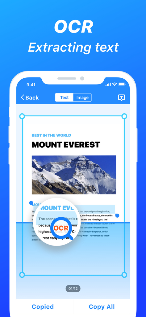 Nova Scanner app interface demonstrating OCR technology to extract text from a scanned document.