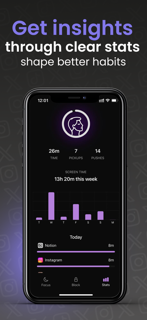 Screen Time Control - HeadUp - Interfaz de la aplicación HeadUp mostrando estadísticas detalladas de tiempo en pantalla, incluyendo gráficos de uso semanal y desglose diario de aplicaciones para Notion e Instagram.