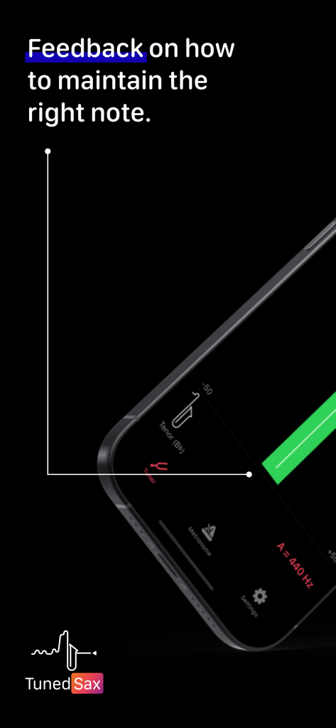 Smartphone screen showing the TunedSax app with real-time tuning feedback for tenor saxophone.