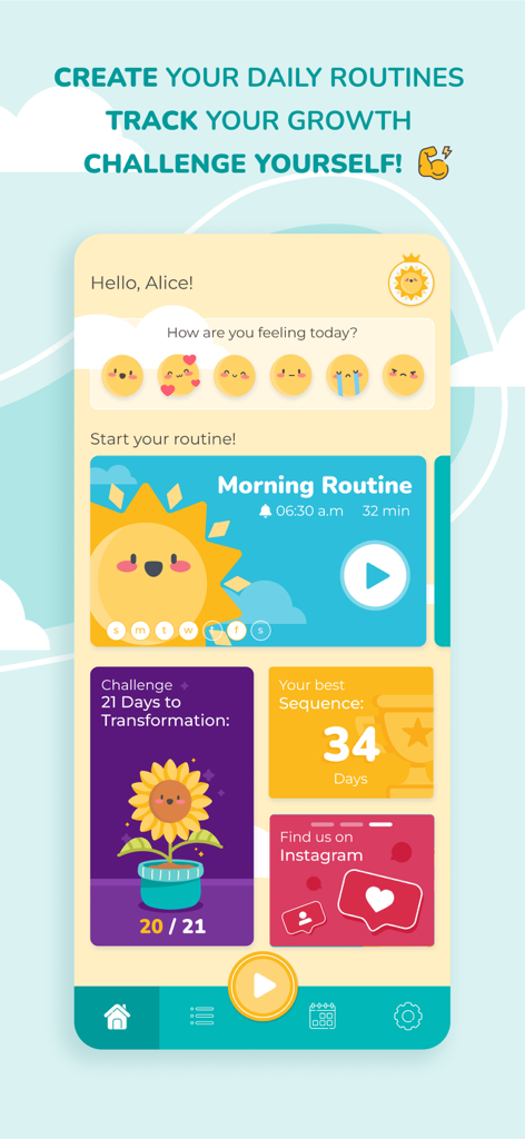 Morning Habits - Daily Routine - Painel do aplicativo Hábitos Matinais mostrando emojis de rastreamento de humor, agendador de rotina diária e progresso do desafio de transformação de 21 dias.