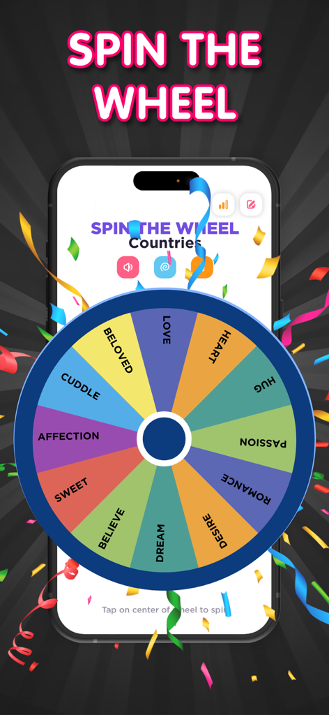 Mobile app interface showing a colorful decision wheel with confetti effects