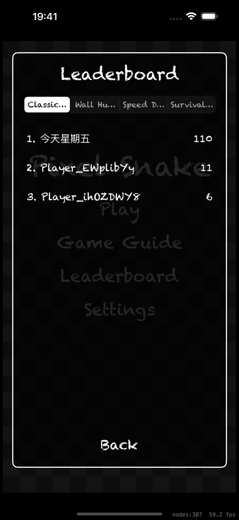 Pixel Snake: Retro Challenge - Leaderboard menu in Pixel Snake Retro Challenge displaying player rankings and high scores