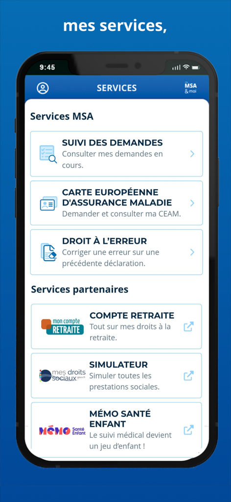 ma MSA & moi - Services dashboard of the ma MSA and moi mobile application showing social security and partner options.