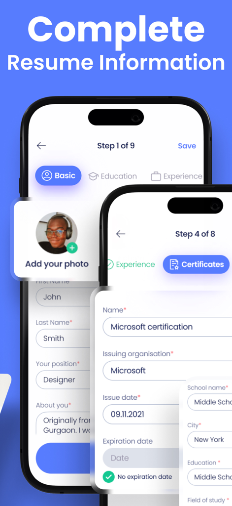 PDF CV Builder: Resume Maker - 個人の詳細や資格情報を含む履歴書情報の入力を完了するためのステップバイステップガイドを表示するモバイルアプリインターフェース