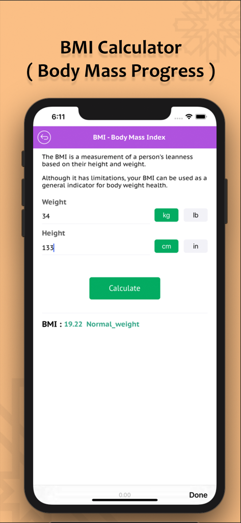 homes Workout For Women - Interfaz de calculadora de IMC en la aplicación Homes Workout For Women mostrando el cálculo del índice de masa corporal