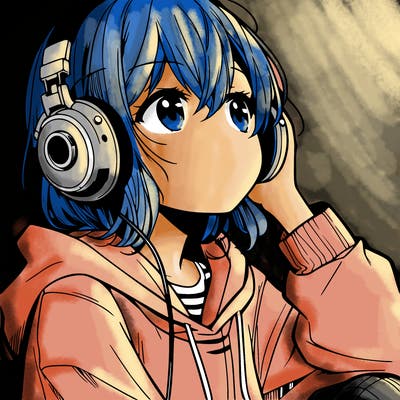 manga character that listen a music with headphone