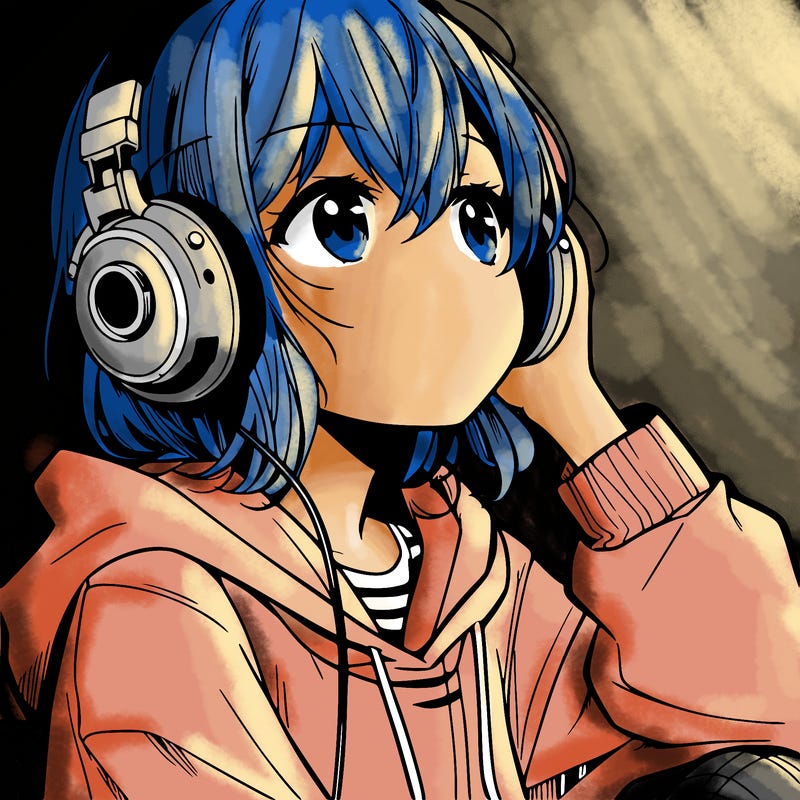 manga character that listen a music with headphone