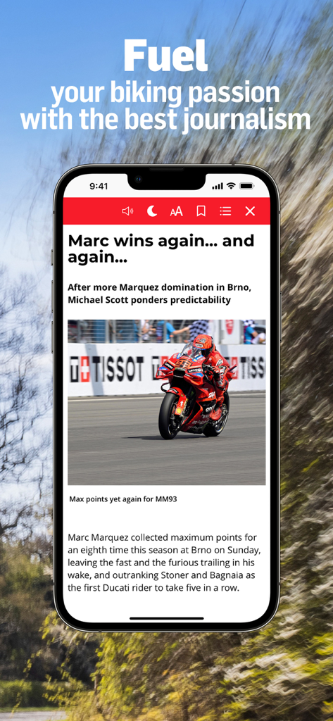 MCN: Motorcycle News Magazine - The MCN app displaying a MotoGP racing news article with a professional motorcycle rider on a track.