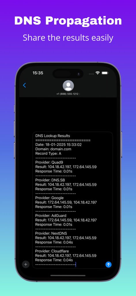 DNS Propagation - Uma tela móvel mostrando resultados de propagação de DNS formatados para compartilhamento via mensagem de texto