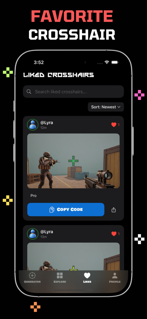 Custom Crosshair - Pantalla de la aplicación que muestra una colección de diseños de mira favoritos para juegos FPS con un botón para copiar código