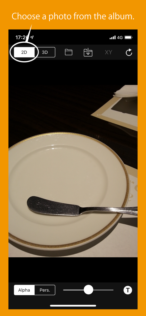 3D Superimpose - Interface of 3D Superimpose app showing a 2D background photo selection of a plate and butter knife