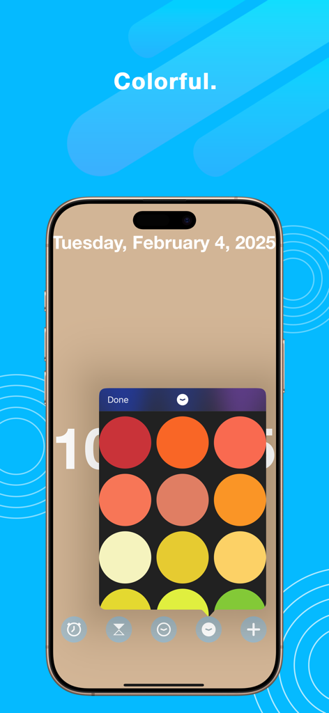 ClockZ | Clock Display + Alarm - A mobile screenshot of the ClockZ app showing a grid of vibrant colors for personalized clock themes.