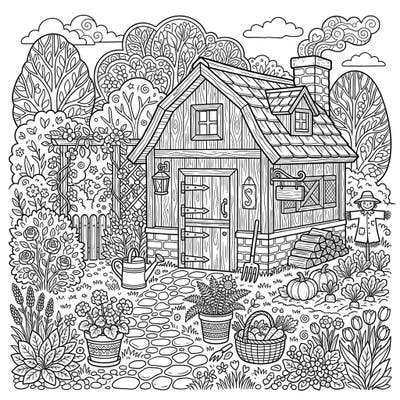 Immerse yourself in the tranquility of a detailed small barn and garden scene designed for adult colorists. This intricate coloring page offers a delightful escape into rustic charm and natural beauty.