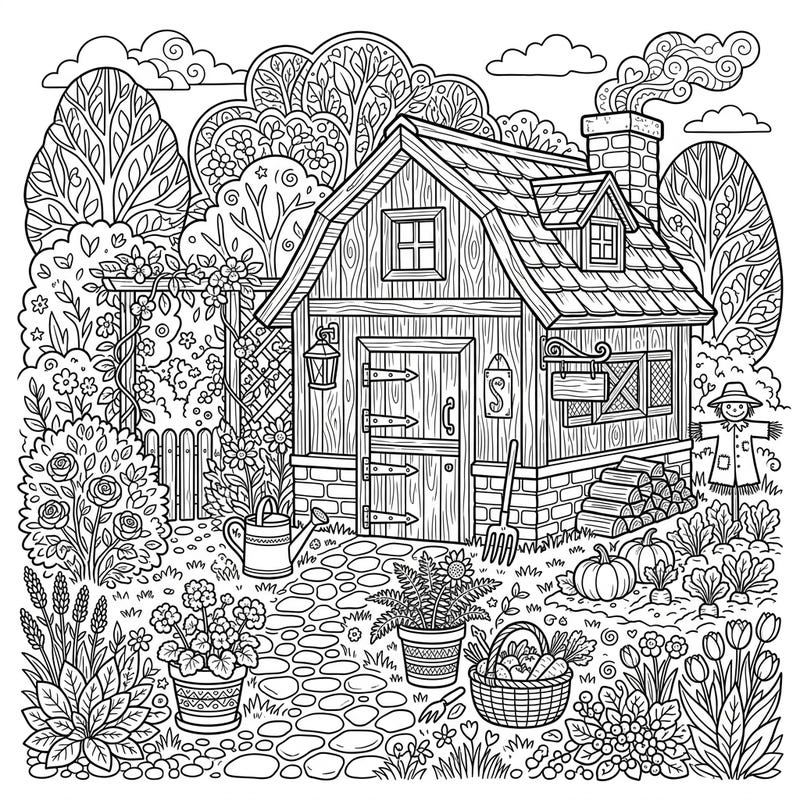 Immerse yourself in the tranquility of a detailed small barn and garden scene designed for adult colorists. This intricate coloring page offers a delightful escape into rustic charm and natural beauty.