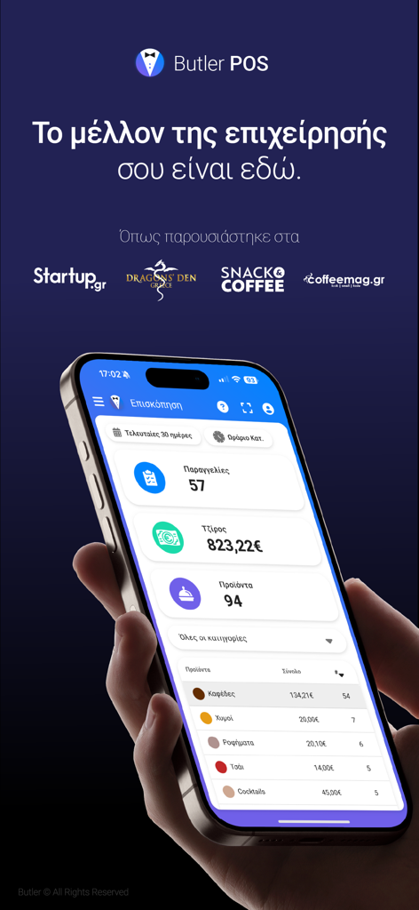 Butler Panel: POS for Business - Butler POS App Dashboard auf dem iPhone mit Restaurantverkaufs- und Umsatzstatistiken