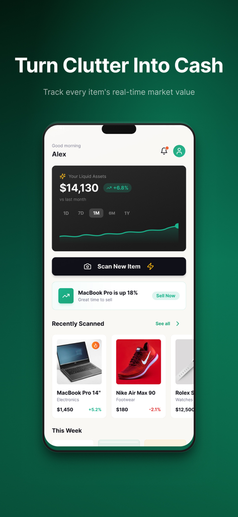 Value Scout - Value Scout app interface showing a portfolio of items with real time market value tracking