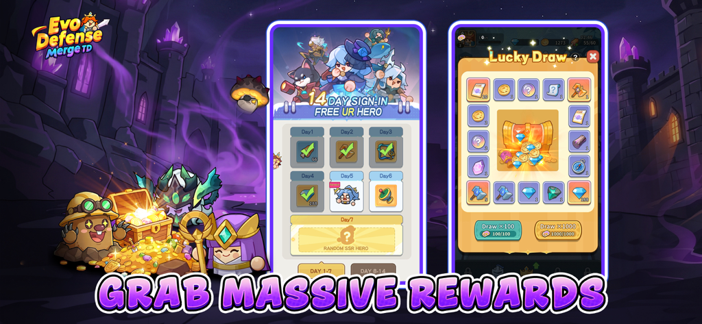 Evo Defense: Merge TD - Evo Defense Merge TD daily login rewards and lucky draw interface showing free UR hero and items